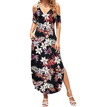 HUSKARY Womens Summer Maxi Dresses Cold Shoulder Short Sleeve Long Dress
