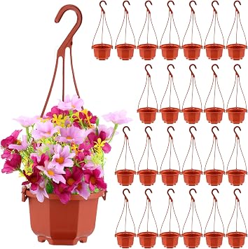Roshtia 24 Pcs Hanging Plastic Planter Pot with Hook Flower Pots Baskets Hanging Nursery Planter Holder for Outdoor Indoor Plant GardenBrown,3.7 Inch