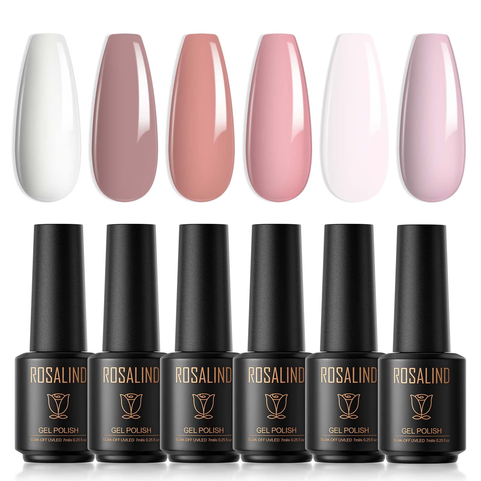 ROSALIND Esmaltes Permanentes Para UñAs, Kit Uñas Semipermanentes 6 Colores, Blanco Rosa Esmalte Semipermanente Gel Nail Kit 7ml UV Gel Nail Polish