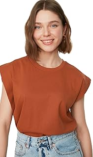 تيشرت بيسك قطن 100% منسوج برقبة دائرية وبمظهر مبطن للنساء TWOSS20TS0021 من ترنديول