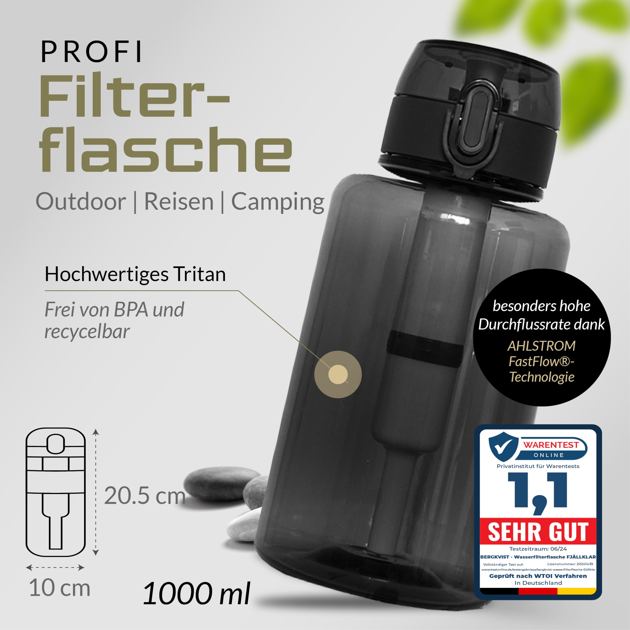BERGKVIST® Outdoor Wasserfilter Flasche FJÄLLKLAR [1l] für Survival & Co. | 1 Liter Trinkflasche mit Filter für sauberes Trinkwasser, Wasseraufbereitung für Campen, Wandern & Prepper-Ausrüstung