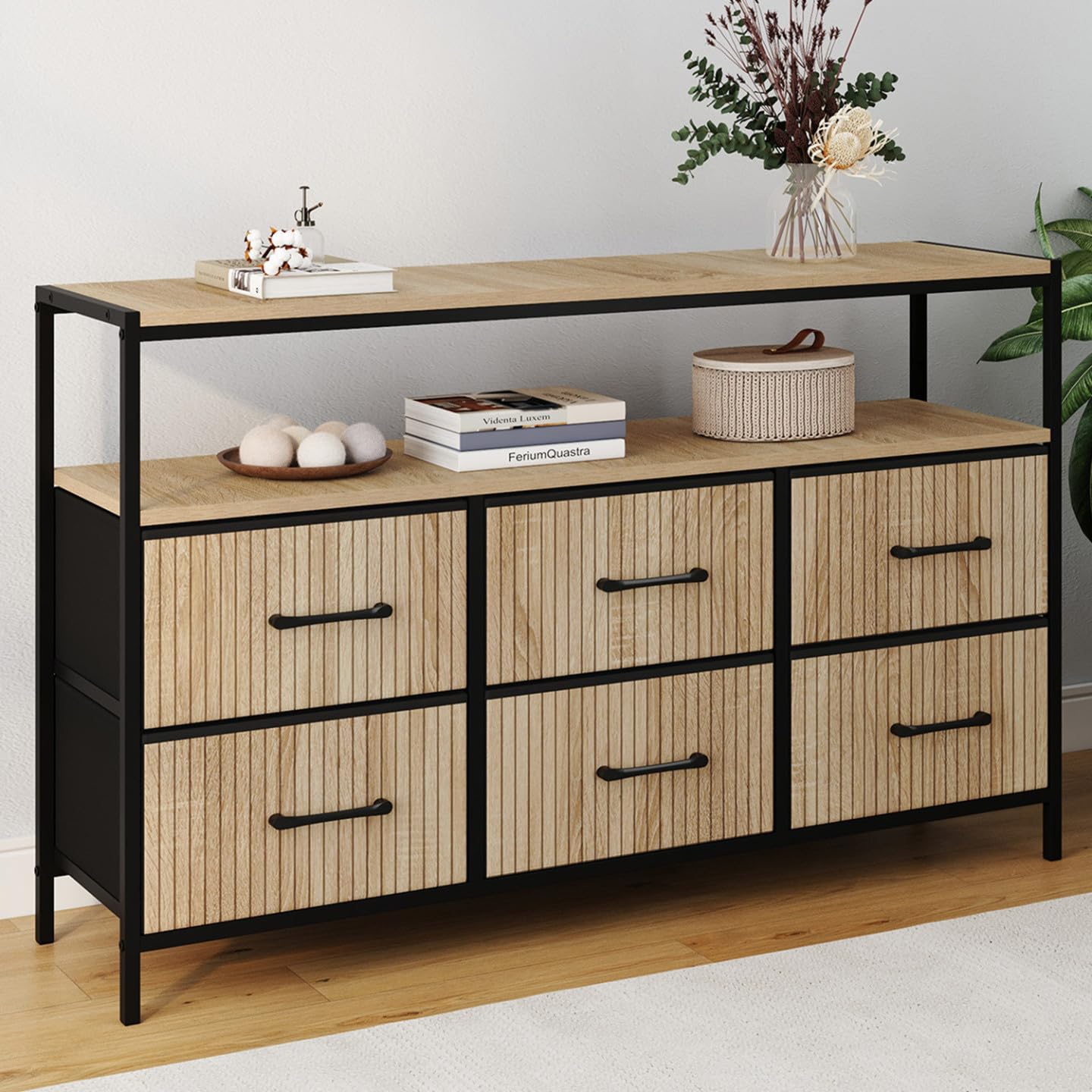 IDMarket - Cómoda con 6 cajones de tela Utah, 115 cm, con nicho efecto lamas, mueble de almacenamiento, diseño industrial