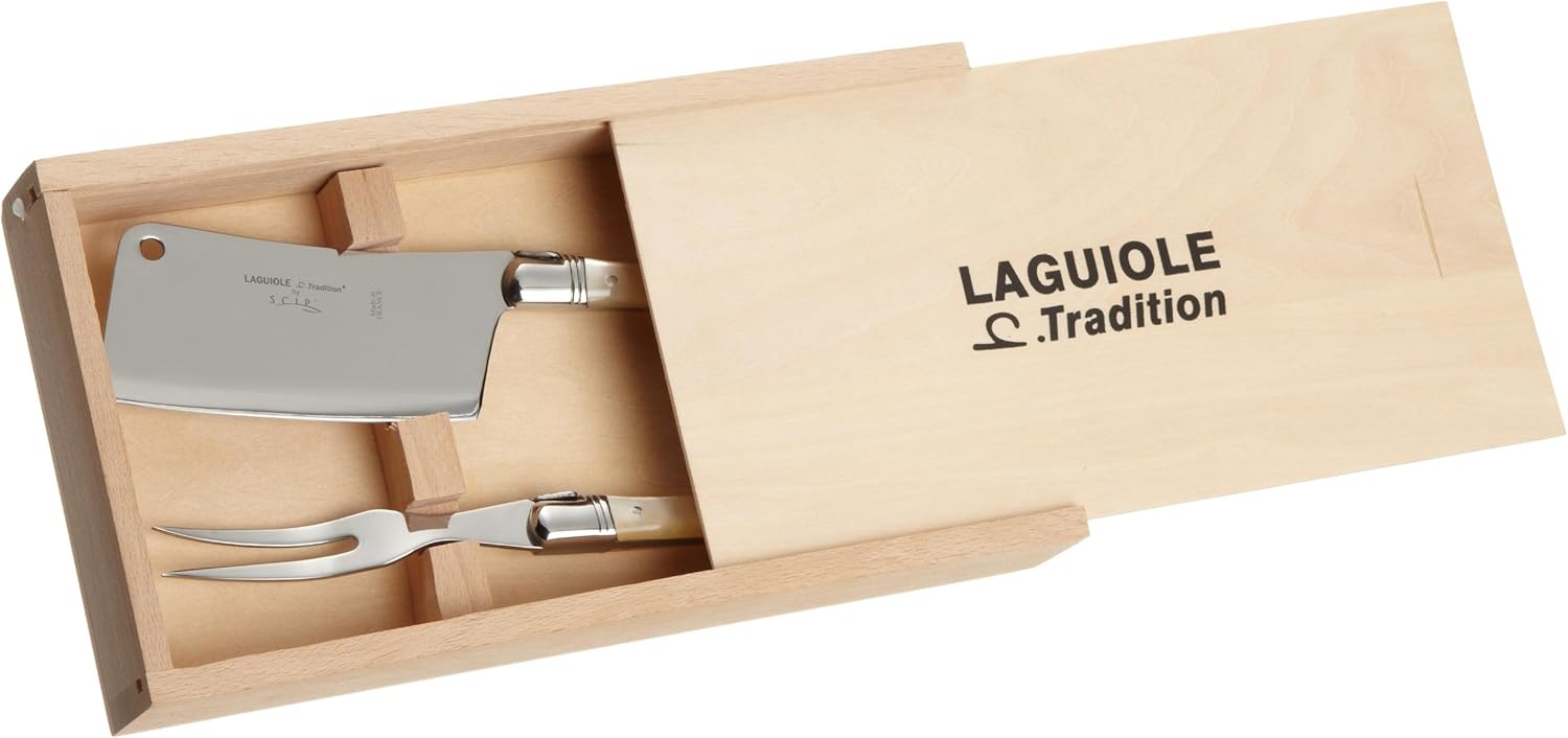 SCIP Laguiole Cheese Knife/Fork Set with Olive Wood Handles and Stainless Steel Bolster