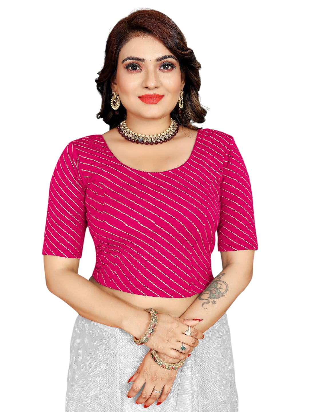Women's Regular Fit Ready to Wear Stretchable Elbow Length Leheriya Saree Blouse-picture-52
