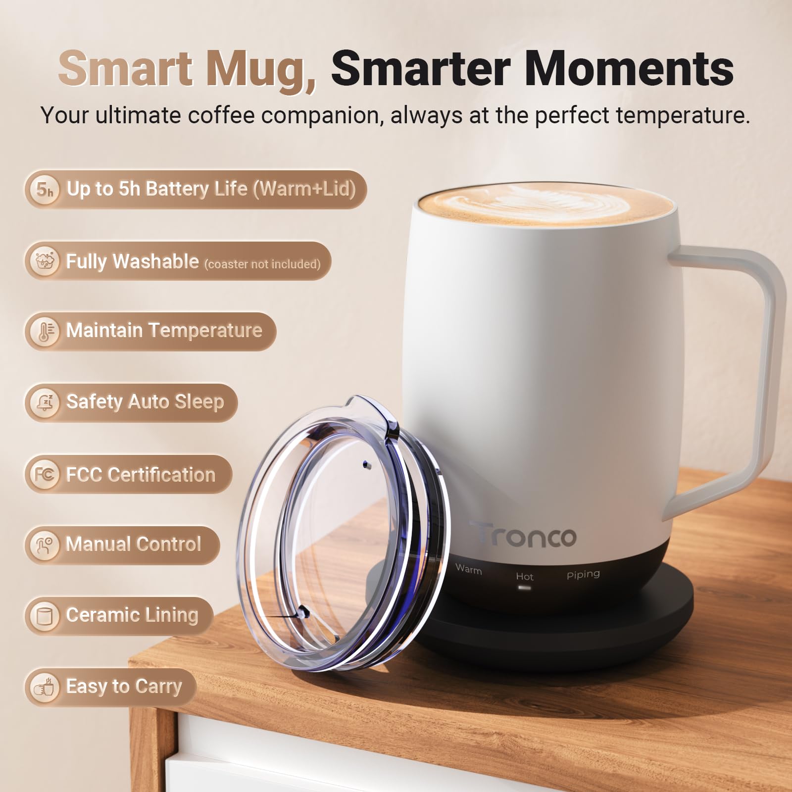 Tronco Tasse à café chauffante avec contrôle de la température – Tasse à café rechargeable auto-chauffante avec couvercle, 414 ml (blanc)