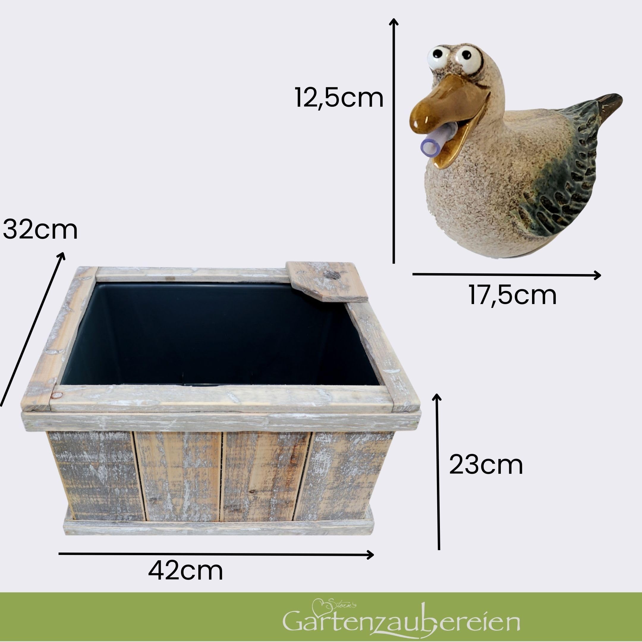 Storm's Gartenzaubereien Miniteich Komplettset - Wasserspeier Möwe - Solarpumpe mit Akku -Laufzeit ohne Sonne 4-5 Stunden - Inklusive Schwimmkugeln