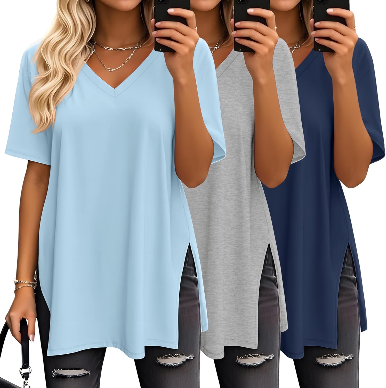 Huukeay 3 Pack Oversized Shirts for Women V Neck Workout T Shirt Casual Side Split Tee Short Sleeve Loose Tops Tunic Tops
