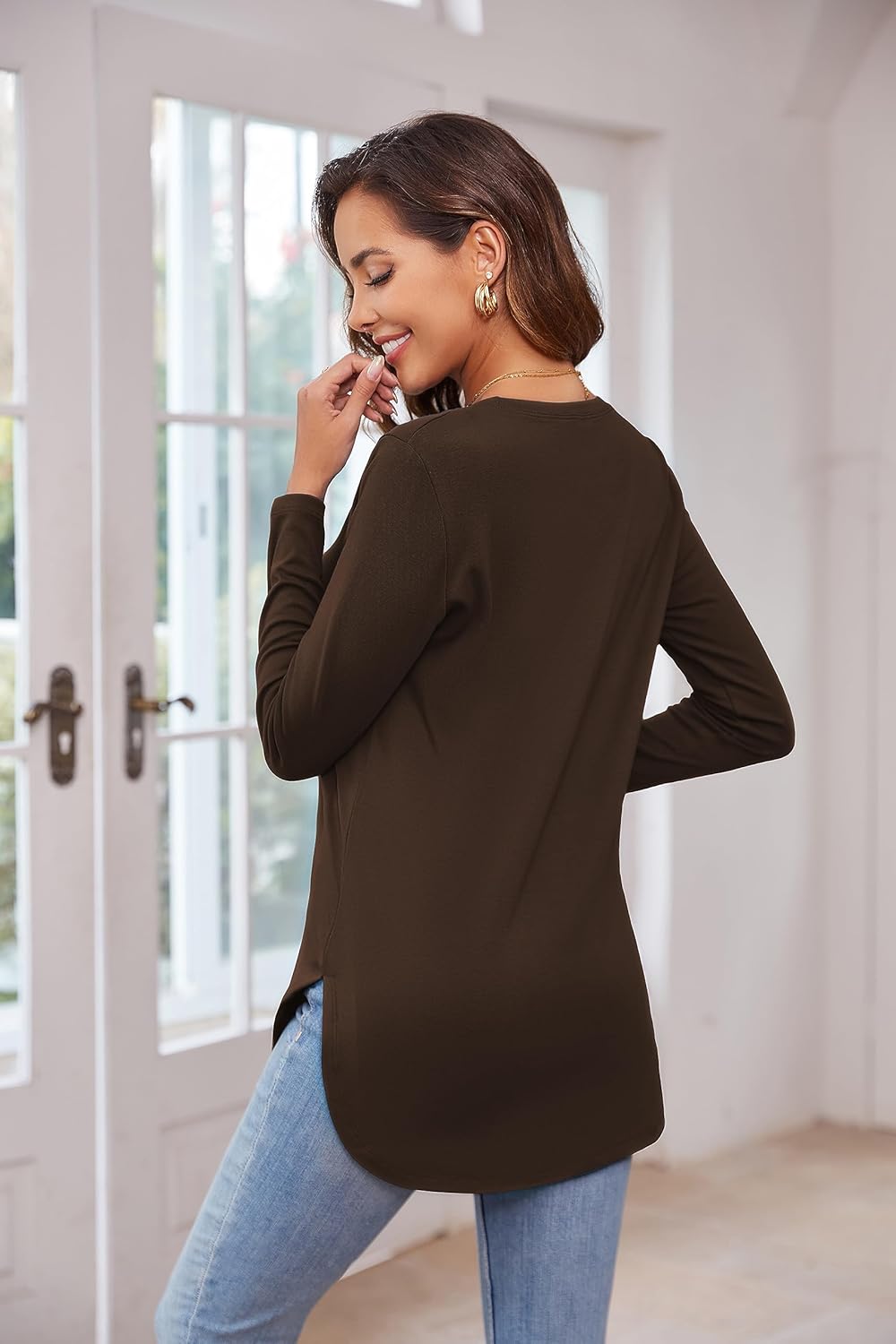 Herou Women's Casual Long Sleeve T Shirt Crewneck with Side Split Fall Pullover Loose Tunic Sweater Tops - Image 7