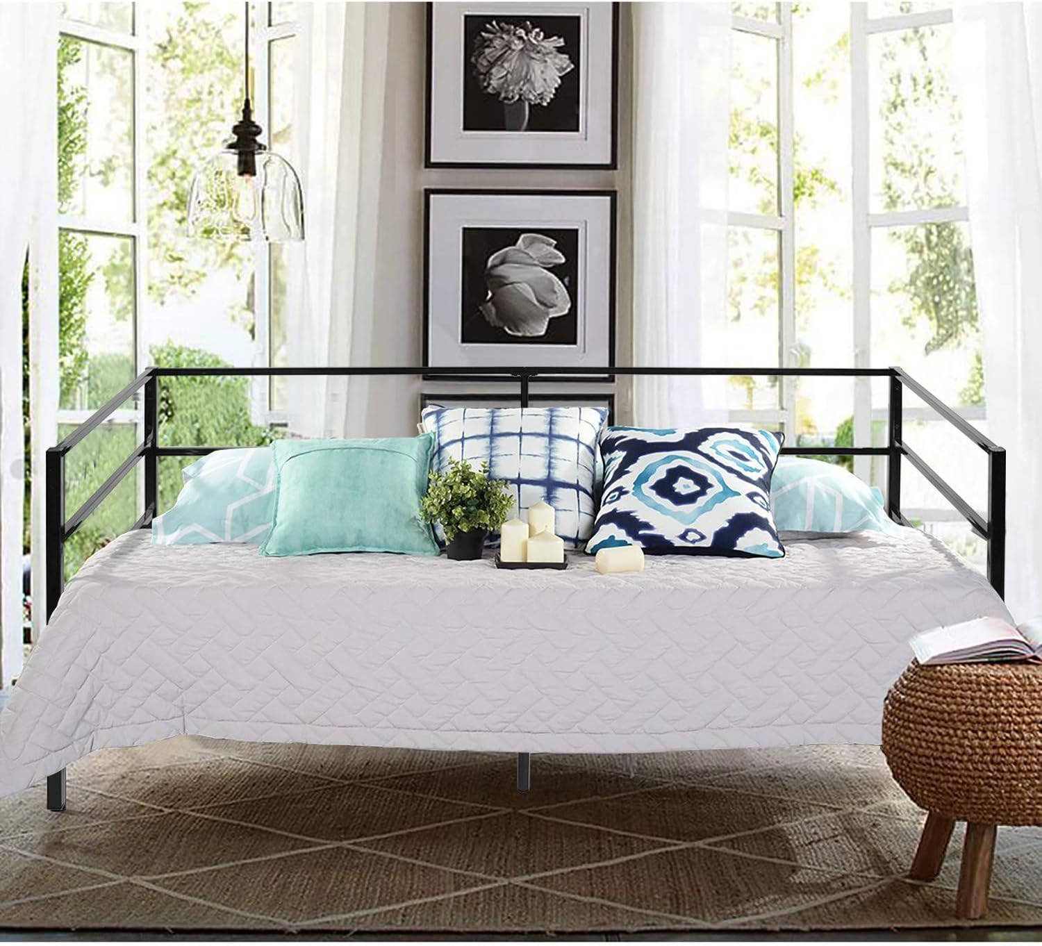 GreenForest Daybed Twin Size Bed Frame with Headboard and Stable Steel Slats Mattress Platform Base Boxspring Replacement Sofa Bed, Black