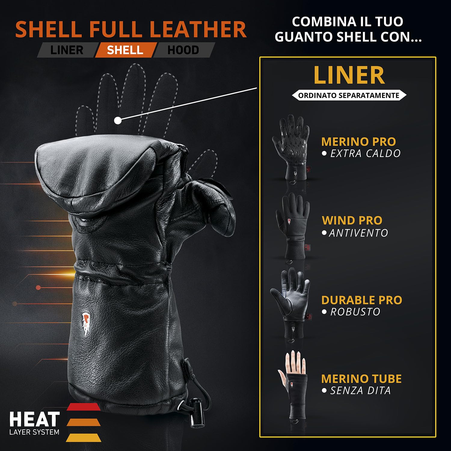 THE HEAT COMPANY Shell Full Leather muffole - L'innovazione dei guanti - Guanti pelle da ripiegare - Guanti invernali extra caldi - Guanti termici sci: uomo & donna - senza guanto interno