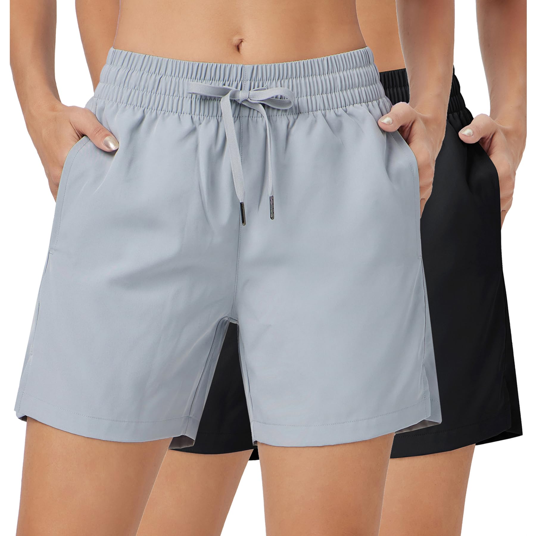 2er Pack Damen Laufshorts 5" – Schnelltrocknend Kurze Sporthose mit Taschen – Basic Fitness Shorts Doppelpack für Sommer & Sport