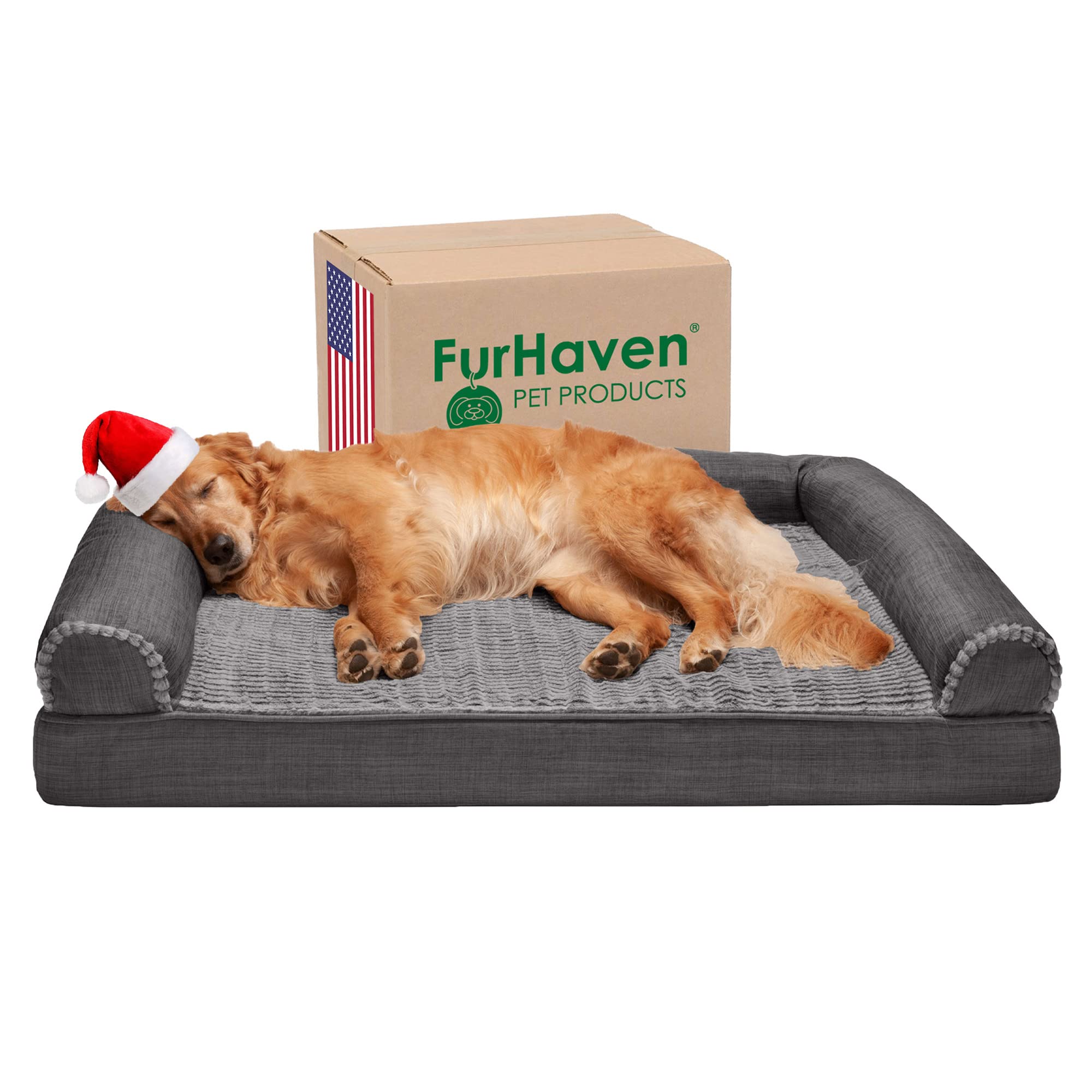 Photo 1 of *COVER ONLY* Furhaven Orthopedic, Cooling Gel, and Memory Foam Pet Beds for Small, Medium, and Large Dogs and Cats - Luxe Perfect Comfort Sofa Dog Bed, Performance Linen Sofa Dog Bed, and More Sofa - Luxe Fur & Performance Linen (Charcoal) Jumbo Orthopedi