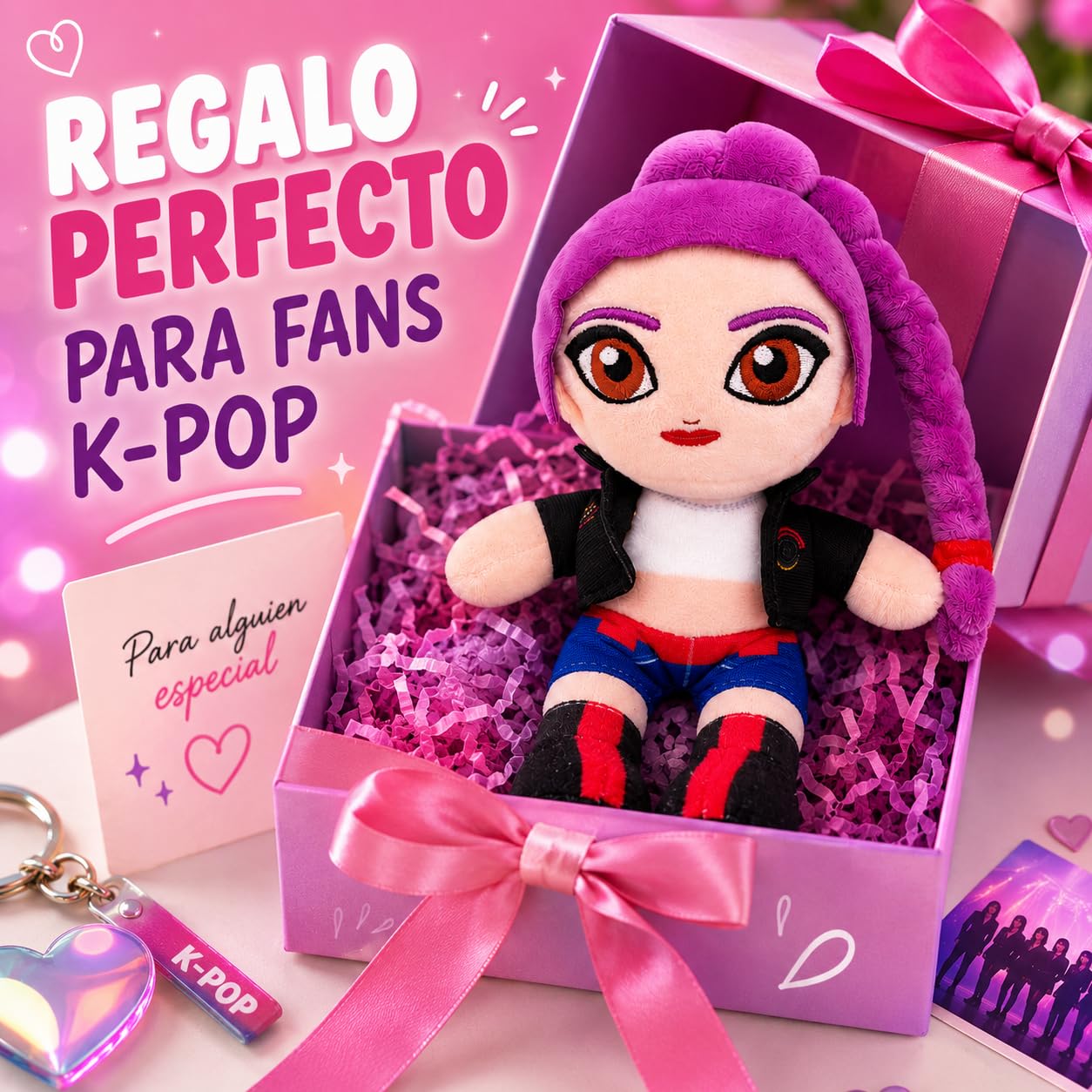 Grupo Moya - Peluche K-Pop Music 20 cm, Muñeca de Tela Suave, Muñeco Decorativo de Poliéster, Regalo para Fans de la Música Coreana, Peluche Coleccionable. (Lila)