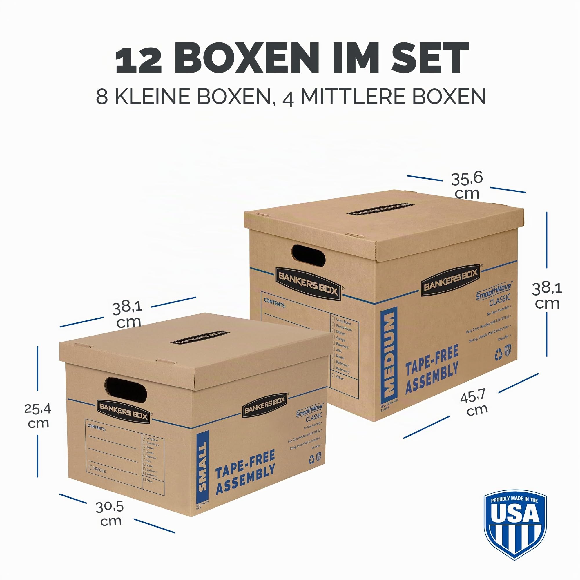 BANKERS BOX Classic 7716401 Umzugskarton, verstärkte Griffe, bandfreie Montage, Karton mit Deckel, 8 kleine und 4 mittelgroße Kartons, 12 Stück