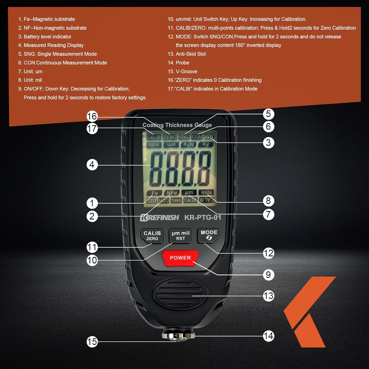 KREFINISH Paint Thickness Gauge Car Digital Accurate Mil Coating Thickness Meter Car Paint Depth Gauge Test Precise for Used Car Buyers and Auto Body Shops