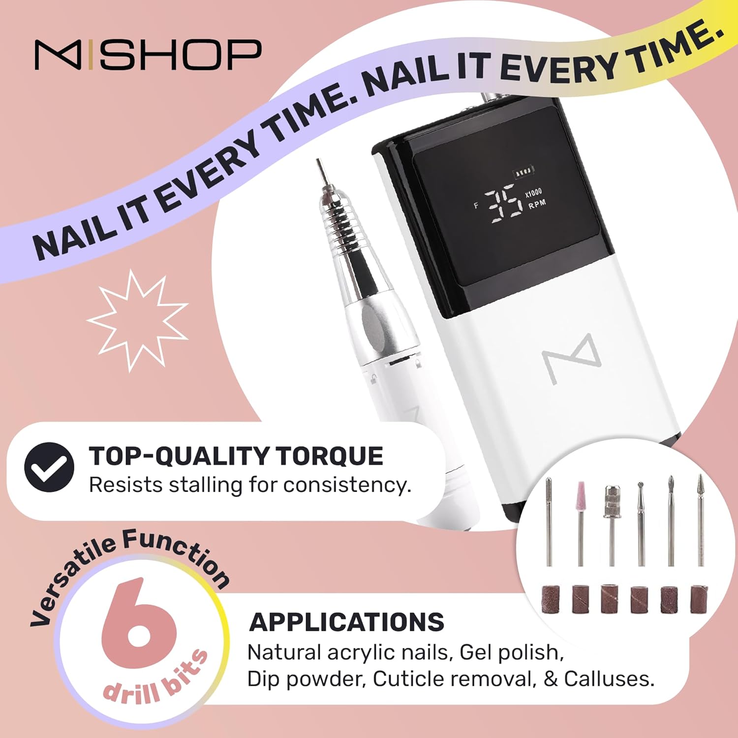 M - E-ZDrill Rechargeable Electric Nail Drill, 35k RPM, Smart Speed & Battery LCD, Portable Lightweight, Forward/Reverse, Aluminum Metal, Acetone Resistant Nail Drill (White)