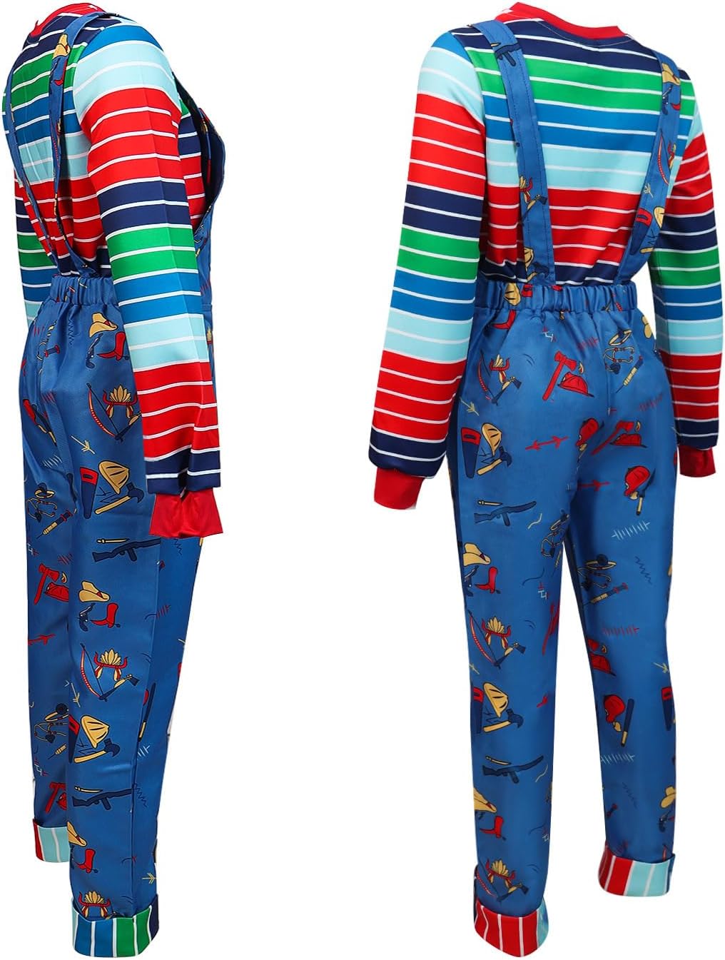 Scary Costume Adult Creepy Doll Killer Costume for Men Women Colorful Striped Shirt with Accessories Halloween - Image 3