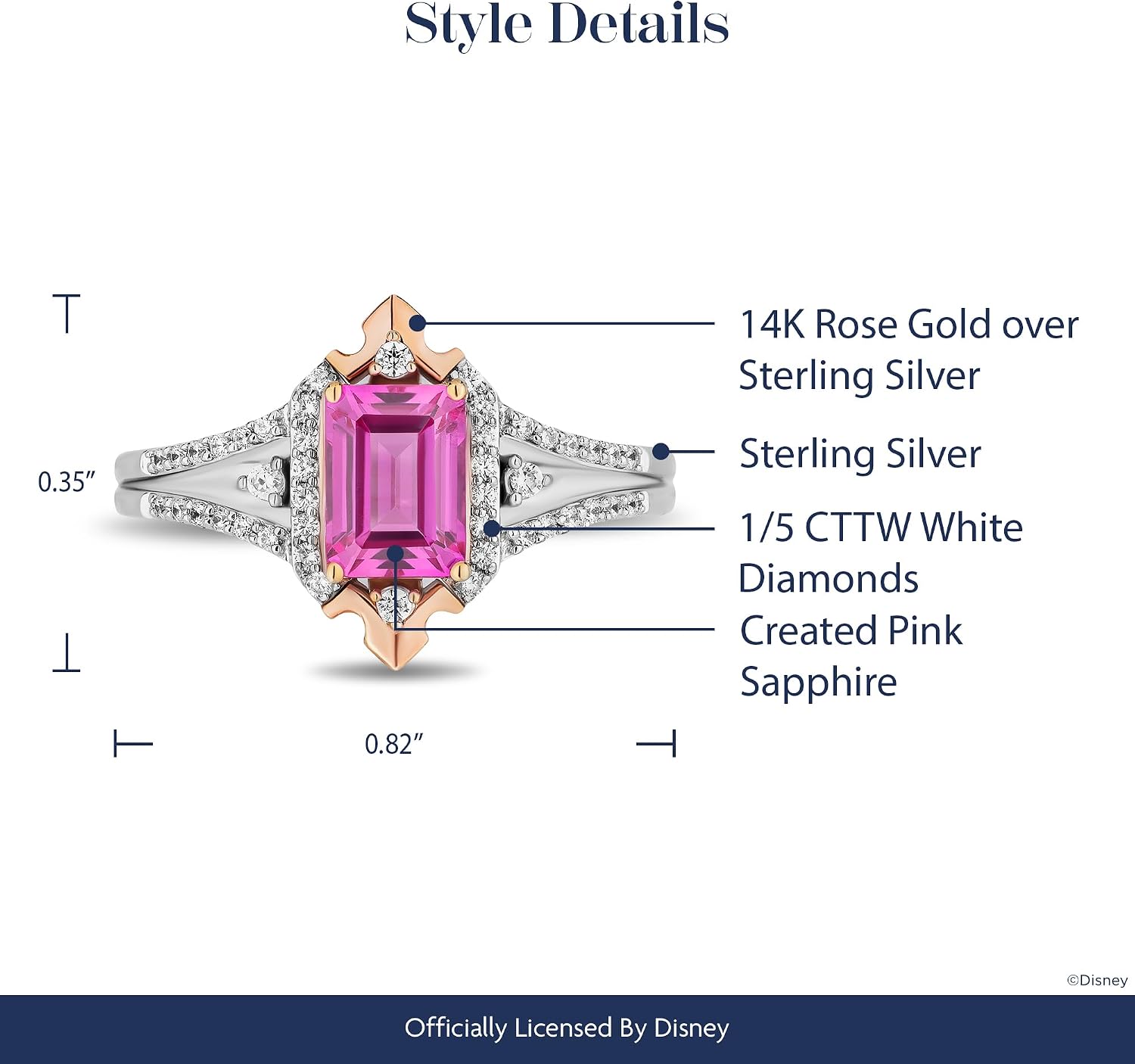 Jewelili Enchanted Disney Fine Jewelry 14K Rose Gold over Sterling Silver with 1/5 Cttw Diamond Aurora Ring