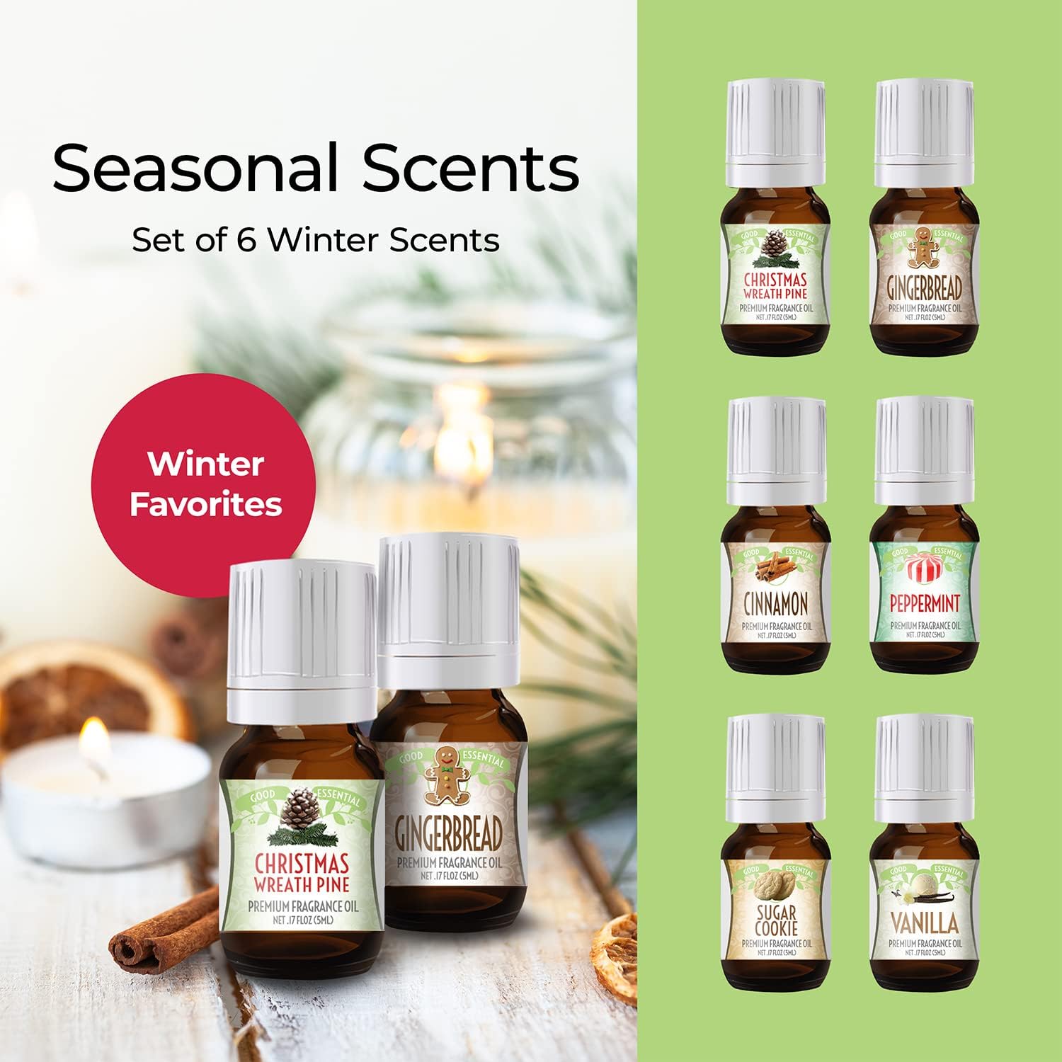 Winter Essential Oil Set of 6 Fragrance Oils - Christmas Wreath Pine, Vanilla, Peppermint, Cinnamon, Sugar Cookie, and Gingerbread by Good Essential Oils : Health & Household
