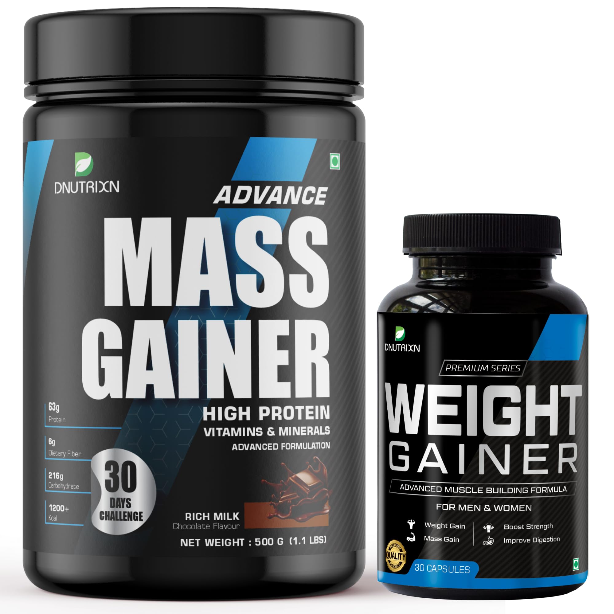 DNUTRIXN Advance Mass Gainer +Premium Weight Gainer Capsules 30 with High Protein 63 gm, High Calories 1200+ Kcal with Digestive Enzyme, Multivitamins (Chocolate, 1KG + Weight Gainer) (B0D2VXLPTZ) Amazon Price History, Amazon Price Tracker