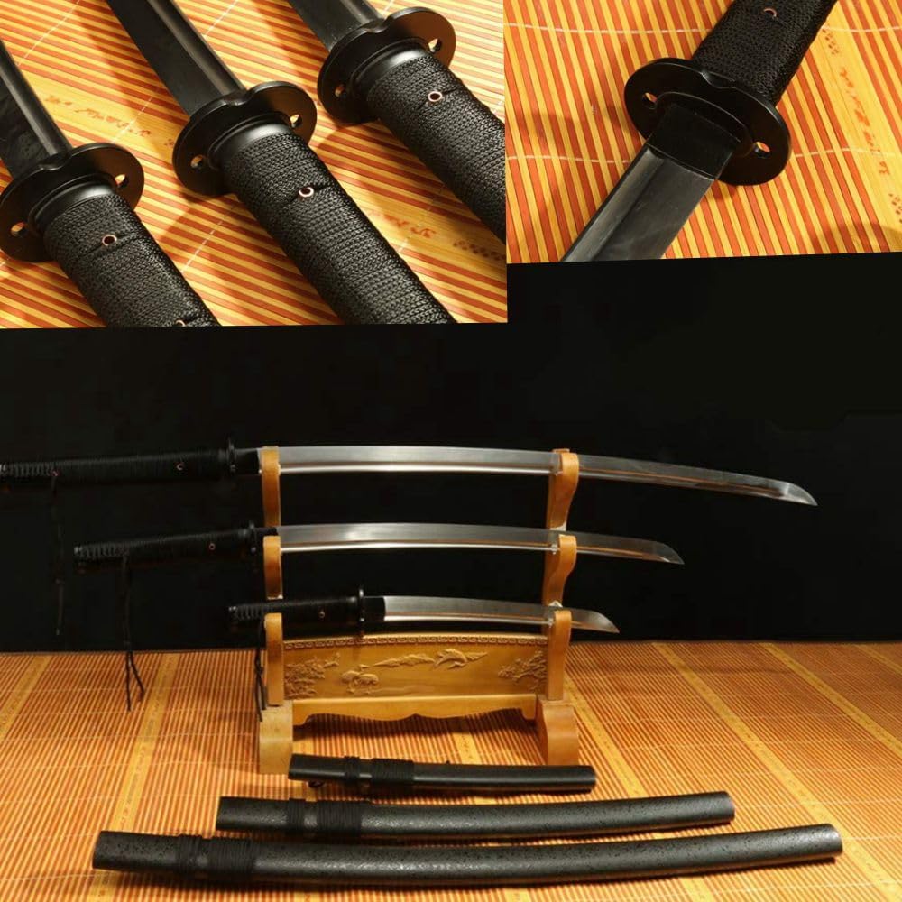 All Special Black Handmade Tactical Sword Outdoor Survival Katana + WAKIZASHI +Tanto 1095 High Carbon Steel Strong Blade