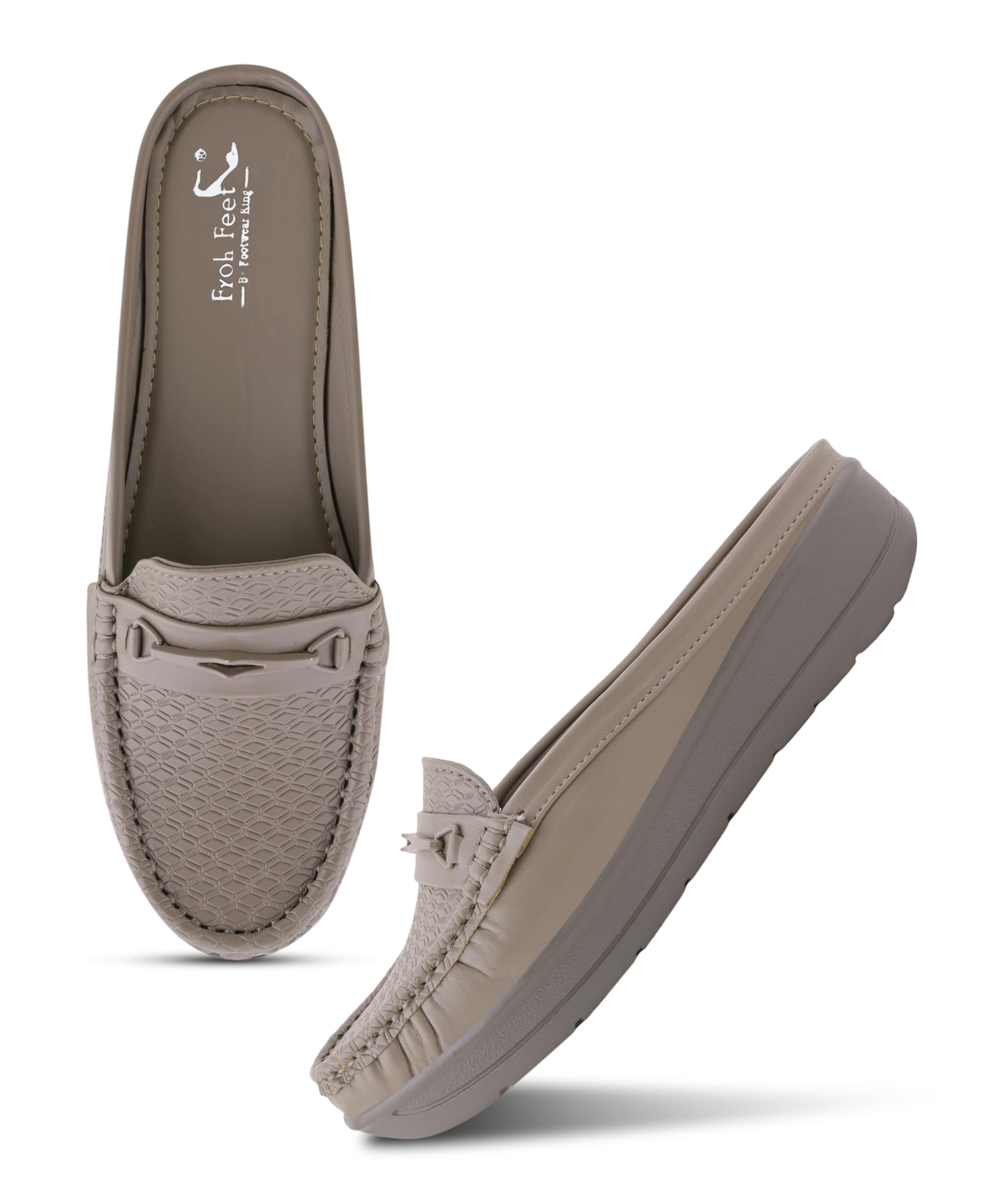 Froh Feet Premium Embossed Woven Texture Backless Mule Loafers Comfortable Elevated Flat Walking Shoes for Women-image-44