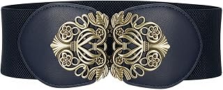 BlackButterfly Elastic Vintage Buckle Belt | 3 Inch Wide, Antique Buckle, Floral Scrollwork, Seamless Clasp, Faux Leather Panels, Fully Elastic, Sizes S-XXL