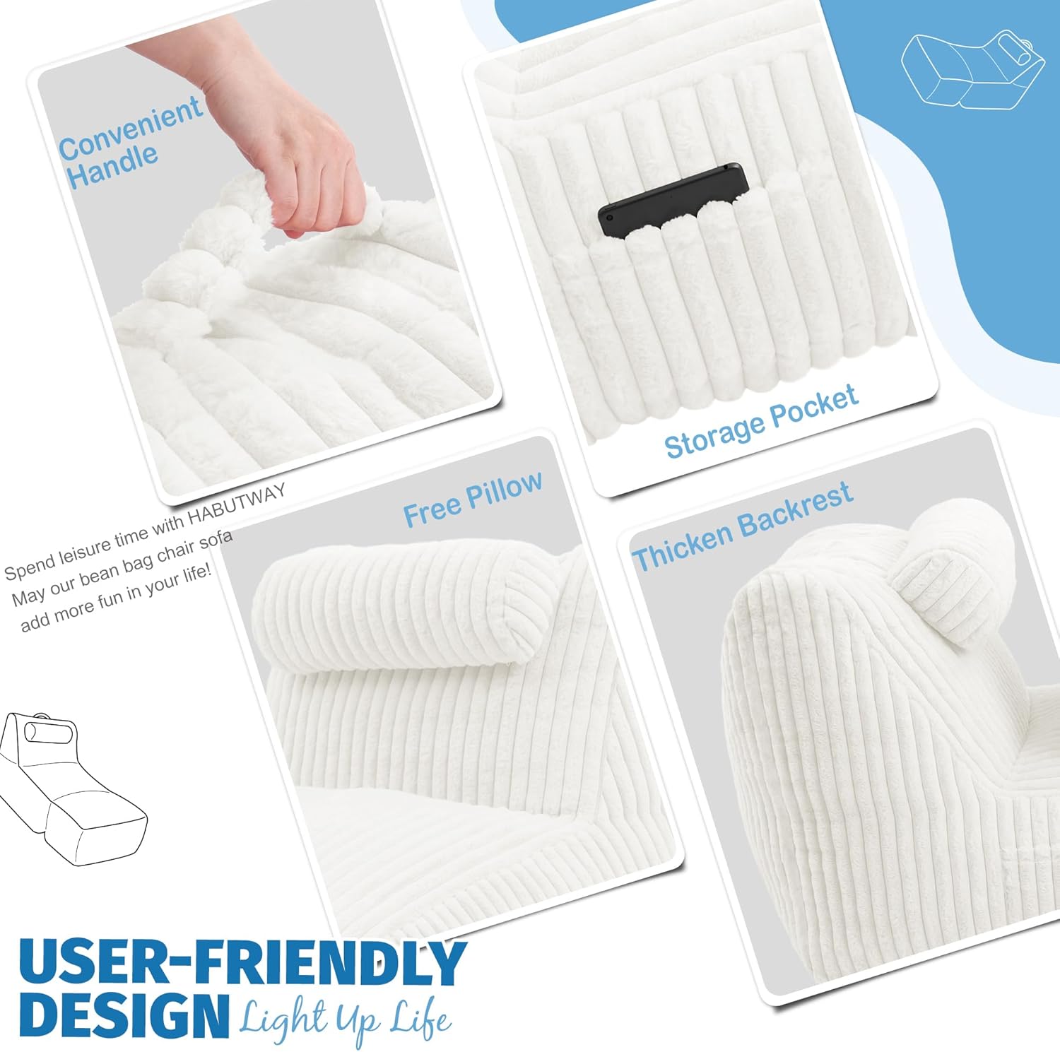 HABUTWAY Giant Bean Bag Chairs for Adults,Big Bean Bag Lounger with Removable Cover,Large BeanBag Chair with Ottoman&Storage Pocket,Memory Foam Filled Bean Bag Sofa for Living Room,Bedroom-Plush Beige - Image 7