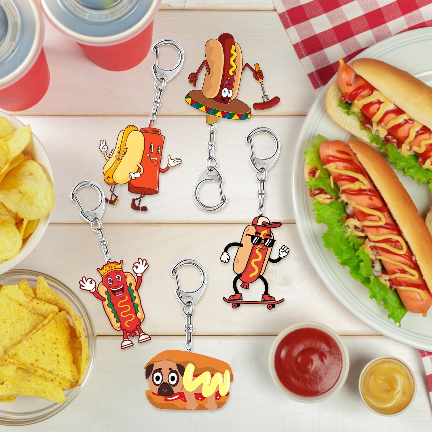 12 PCS Hot Dog Keychain, Hot Dog Party Favors Hot Dog Birthday Party Supplies Decoration Gifts