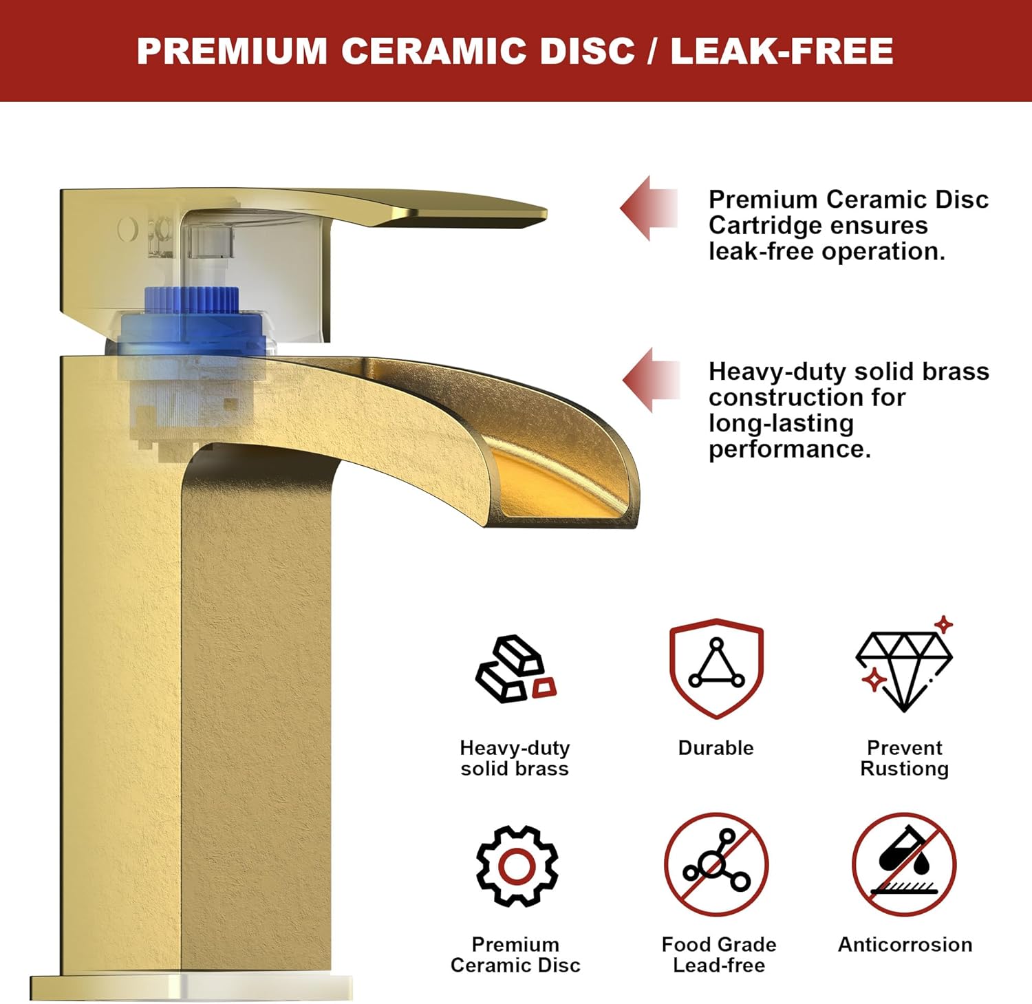 Brushed Gold Bathroom Faucet Waterfall Vanity Faucet for Brass 1 Hole Sink Single Handle Modern Mixer Tap with Pop-up Drain Stopper for Lavatory Farmhouse Rv
