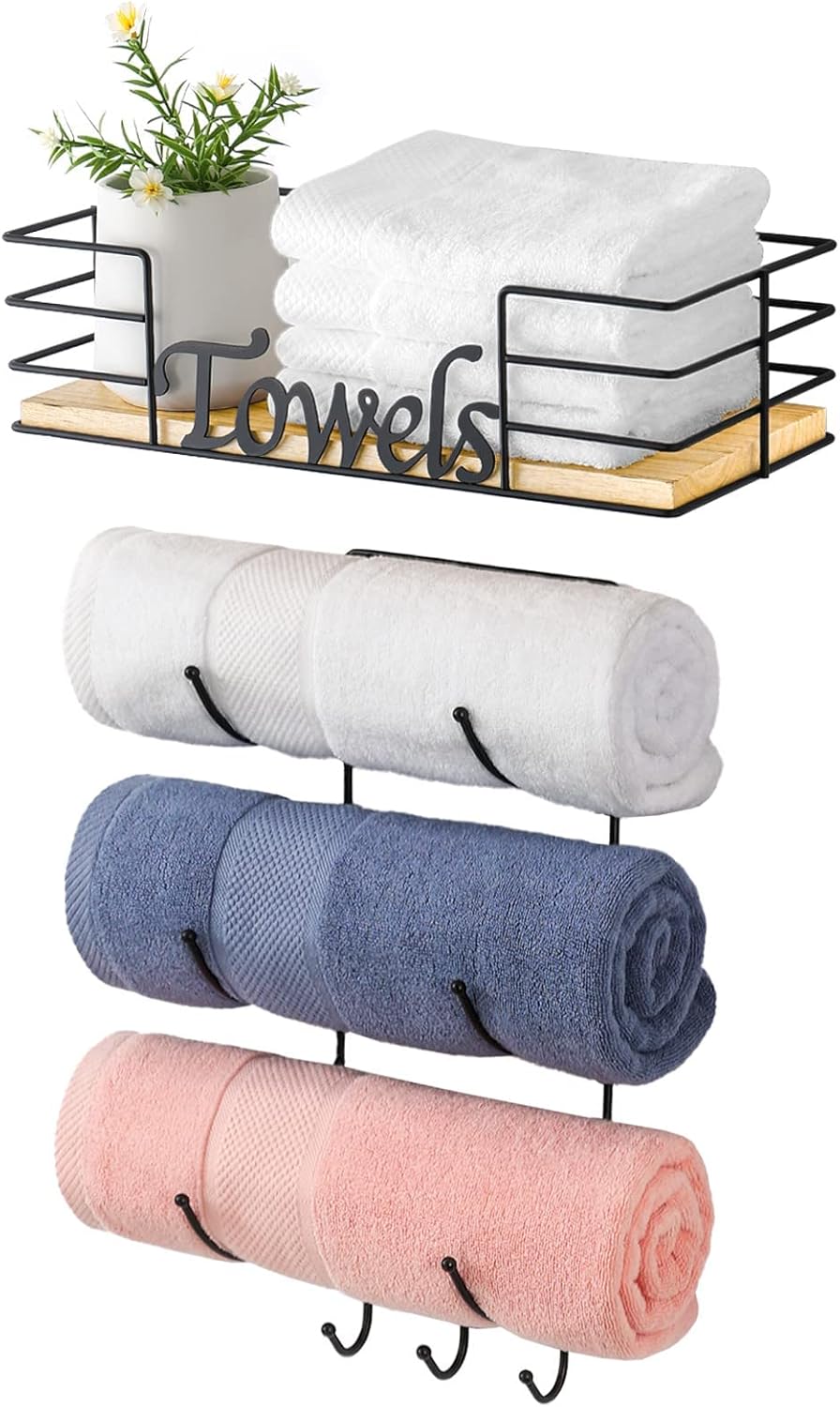 Towel Racks for Bathroom, Towel Holder Wall Mounted for Small Bathroom Wall, Roll Towel Rack with 3 Towel Hooks and Wooden Shelf, Drilling and No-Drill Installation Options Available, Black : Home & Kitchen