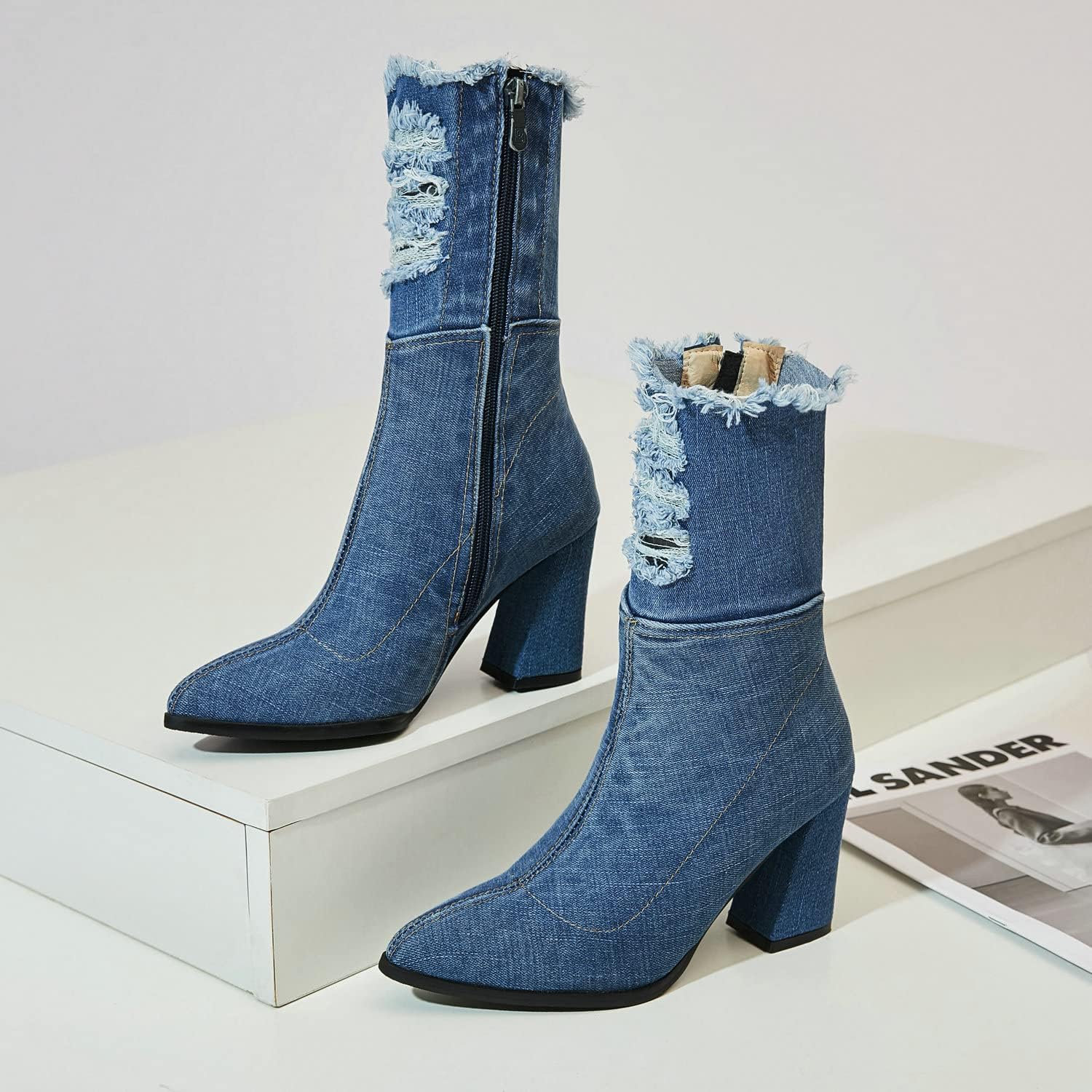 Agodor Women's Denim Ankle Boots Pointed Toe Chunky High Heel Booties with Zipper (US 9.5, short dark blue)