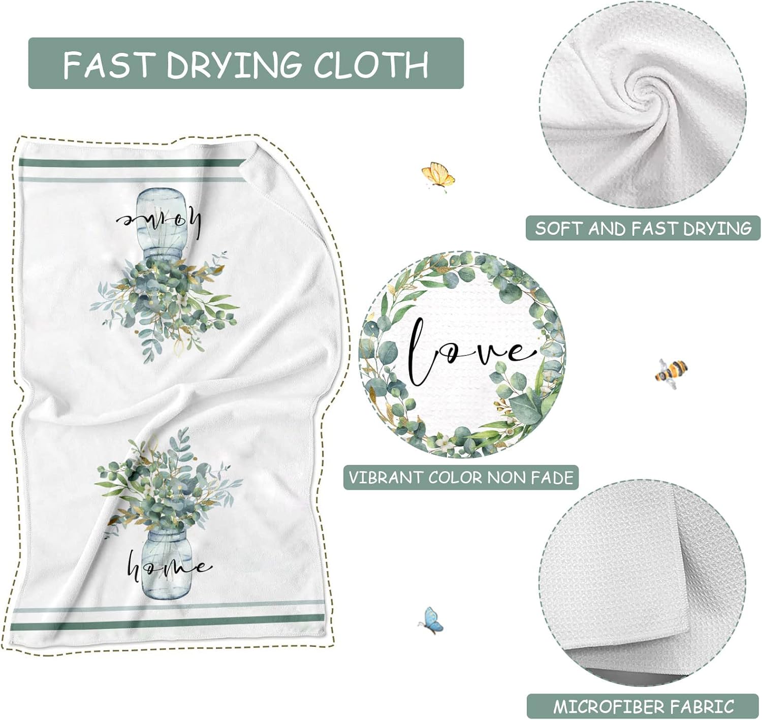 Green Eucalyptus Leaf Kitchen Towels, 4 Pack Love Sweet Home Quotes Eucalyptus Wreath Tea Dish Towels, Absorbent Drying Cloth Tea Towels for Cooking Baking,16×24IN (Green Leaves Towels) - Image 2