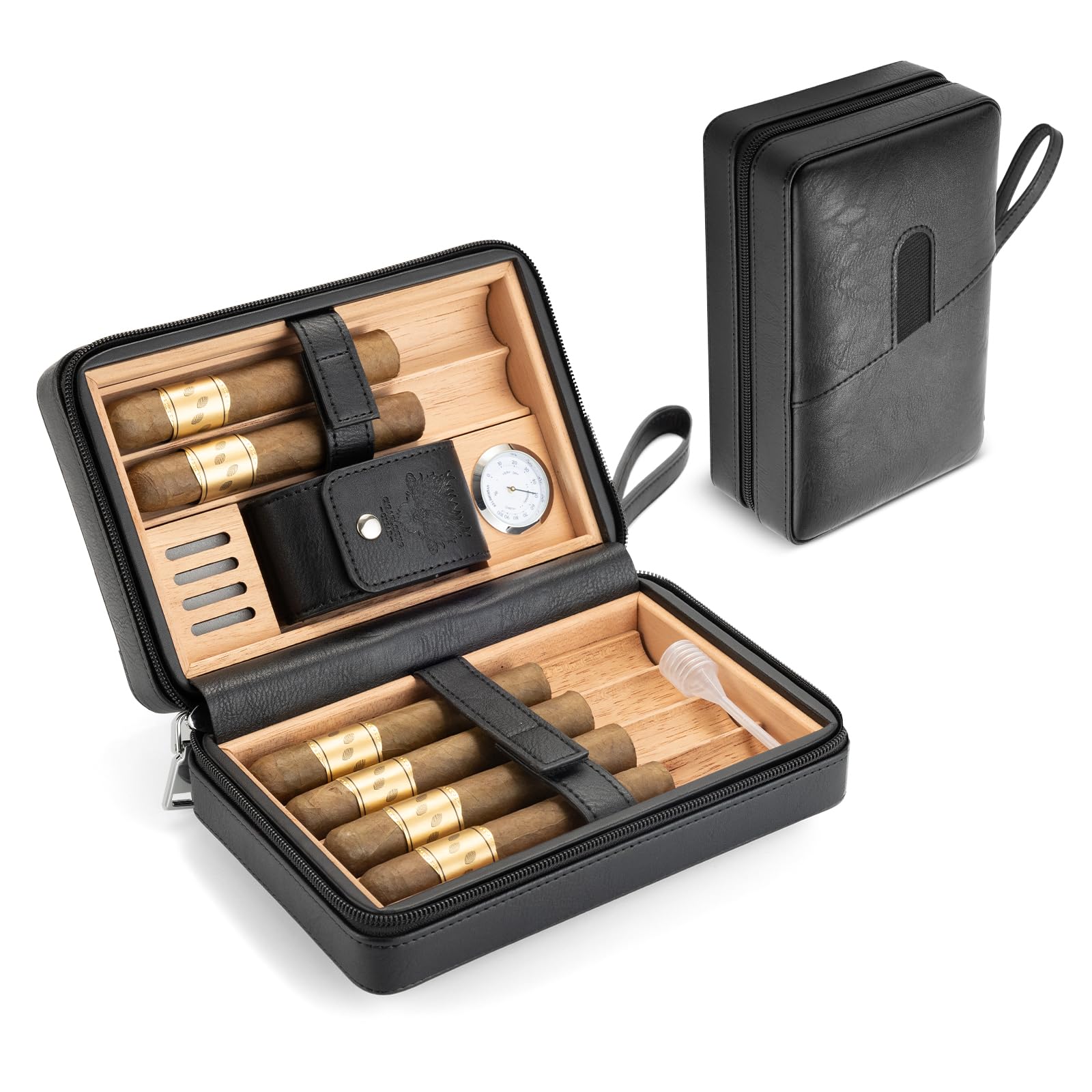 Custodia per sigari da viaggio in pelle, con igrometro e umidificatore, borsa per accessori per sigari, umidificatore portatile da viaggio, offre spazio per 6 sigari, scatola per sigari per uscire