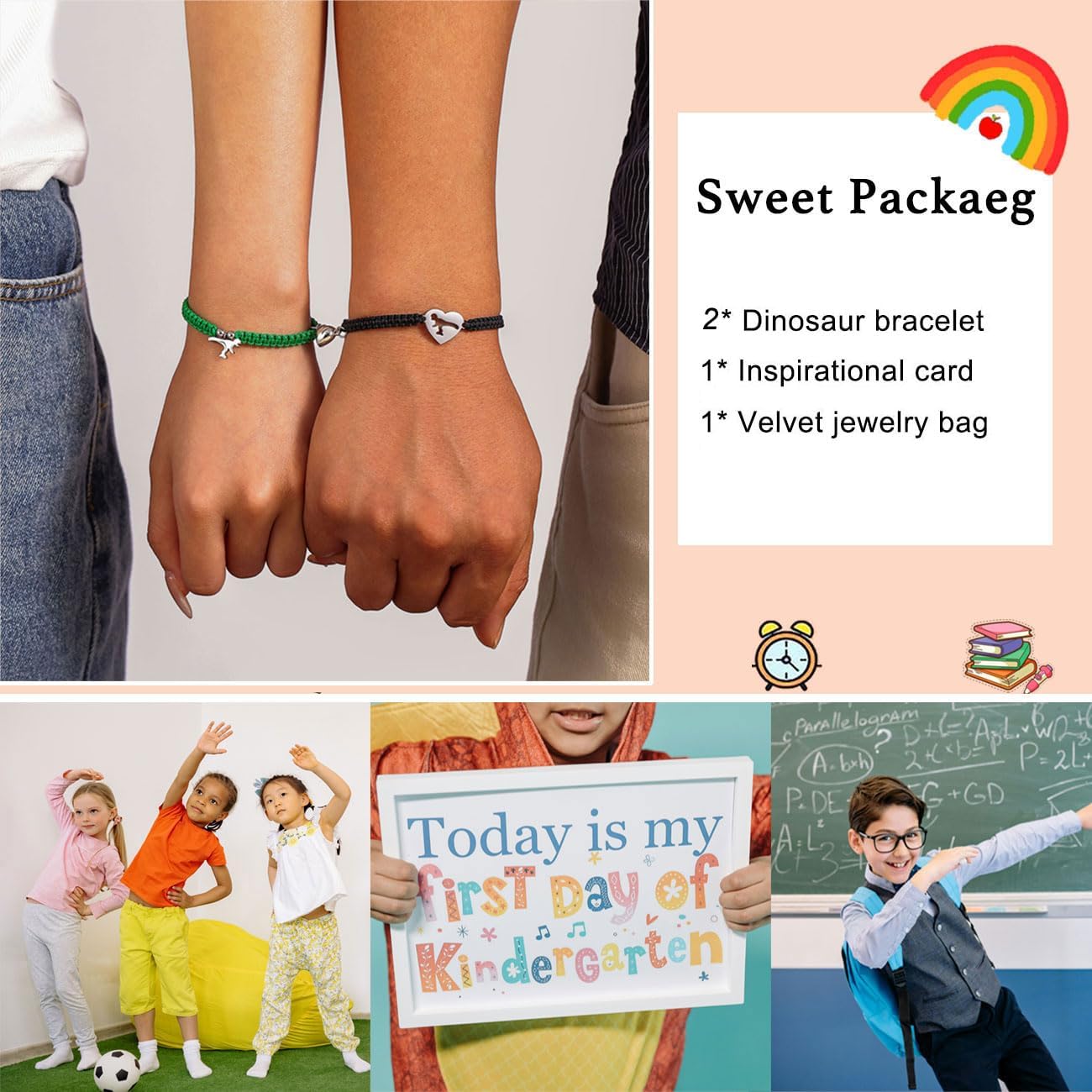First Day of Kindergarten School Pre K Gifts for Mother Son,Mommy and Me Bracelet Matching Dinosaur Bracelet Set for 2,