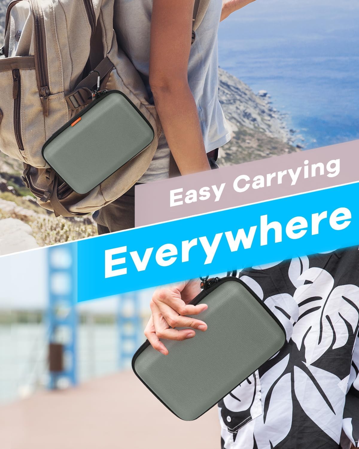 Large Hard Carrying Case - Universal Electronic Organizer Storage Case Bag - Gray-Green + Light-Blue