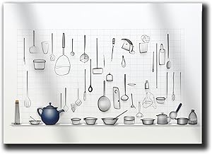 A Drawing Of Kitchen Utensils On A White Tile, In The Style Of Minimalistic Metal Sculptures, Bold, Cartoonish Lines, Minimalist posteres, Sketchfab, Wall Art