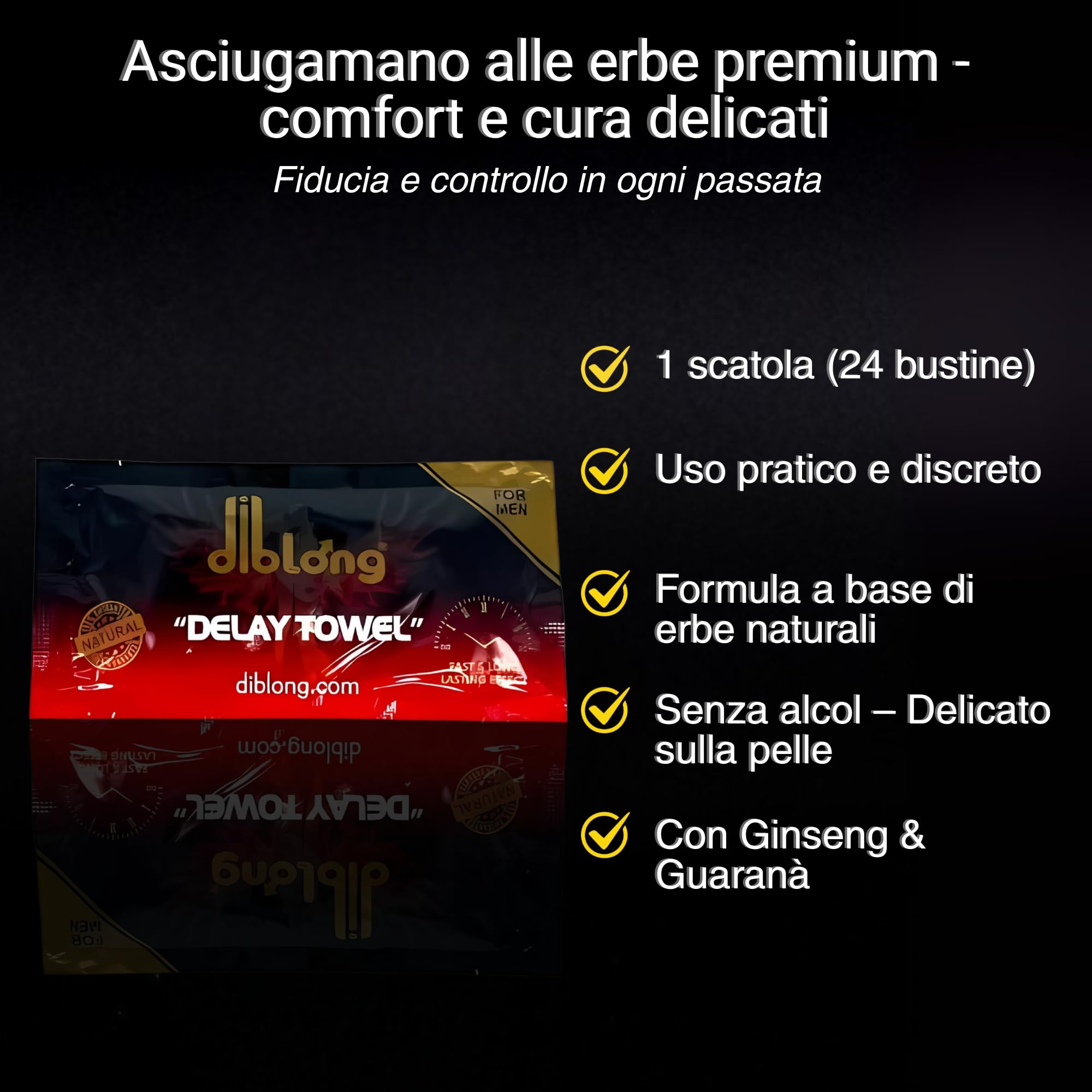 Diblong Afrodisiaco Premium Delay Towel (1 Confezione, 24 Salviette) – Erboristiche con Ginseng, Guaranà e Oli Naturali – Salviette Intime Senza Alcol – Formato Bustina Discreta – Prodotto in Turchia