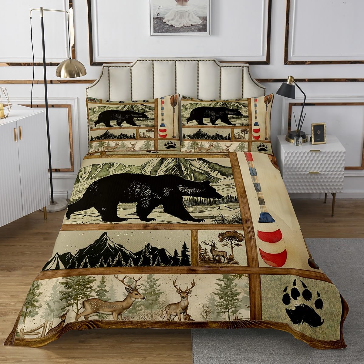 Farmhouse Hunting Bear Quilt Set King, Lake House Decor Bedspread Set, Retro Woodland Lake Paddle Coverlet Set, Deer Moose Wildlife Bedding Set,
