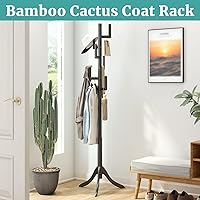 Vista 2 de Perchero negro independiente, árbol de bambú de cactus, soporte de madera de altura ajustable con 6 ganchos, perchero para niños, utilizado