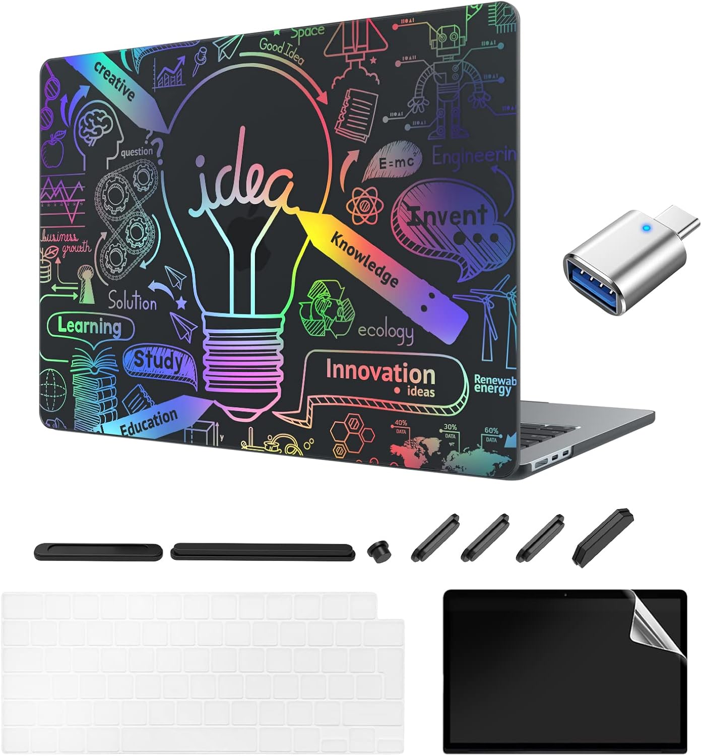 Frosted Case for New MacBook Air 13.6 Inch (2022-2024 Release Model: A3113 M3 A2681 M2 Chip), Notebook Case and Keyboard Cover and Screen Protector, (Matte Black Bulb) F07