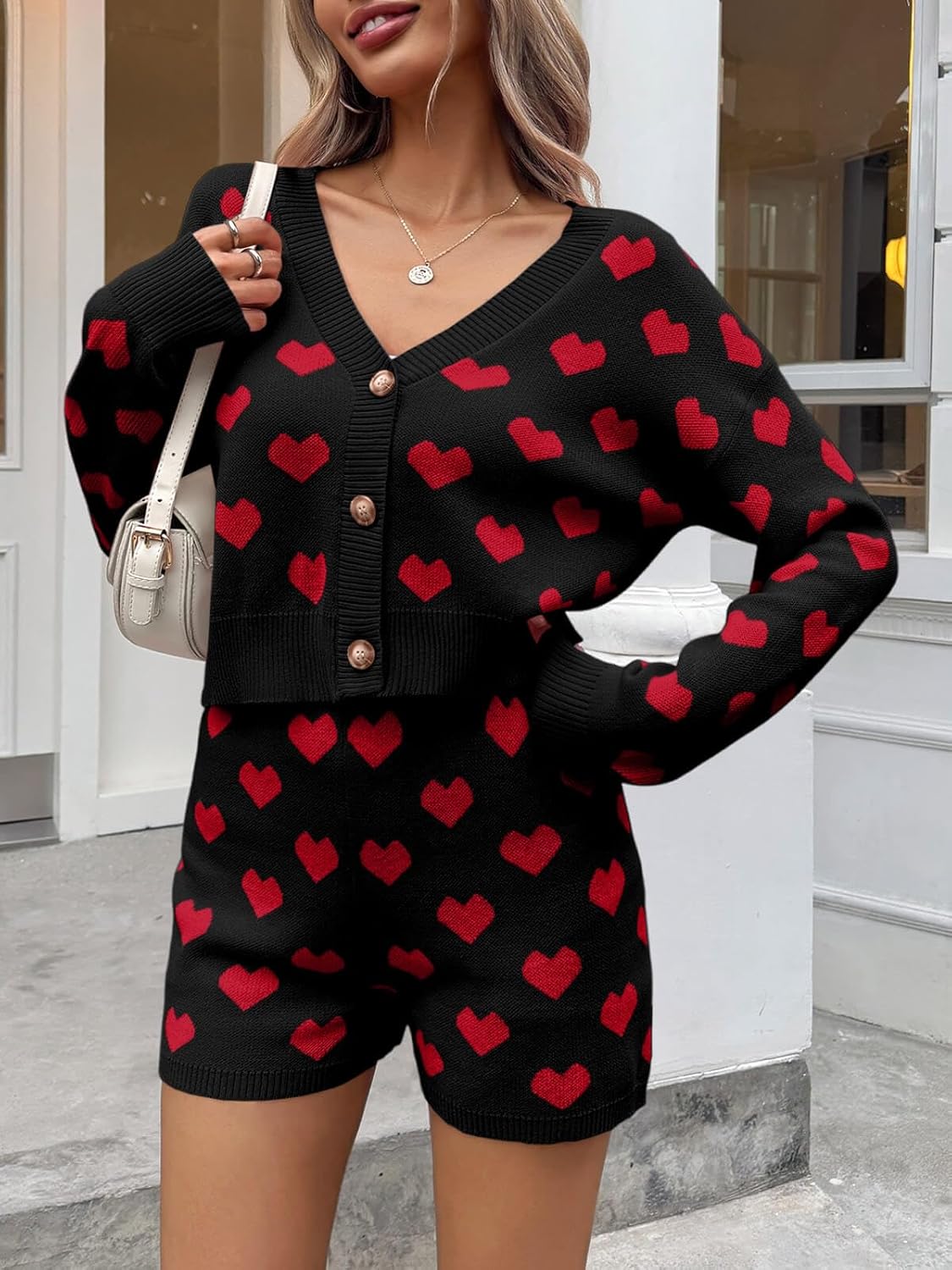 Tankaneo Womens Valentine's Day Sweater Sets Heart Knit Long Sleeve Cropped Cardigan and Shorts 2 Piece Outfits - Image 5