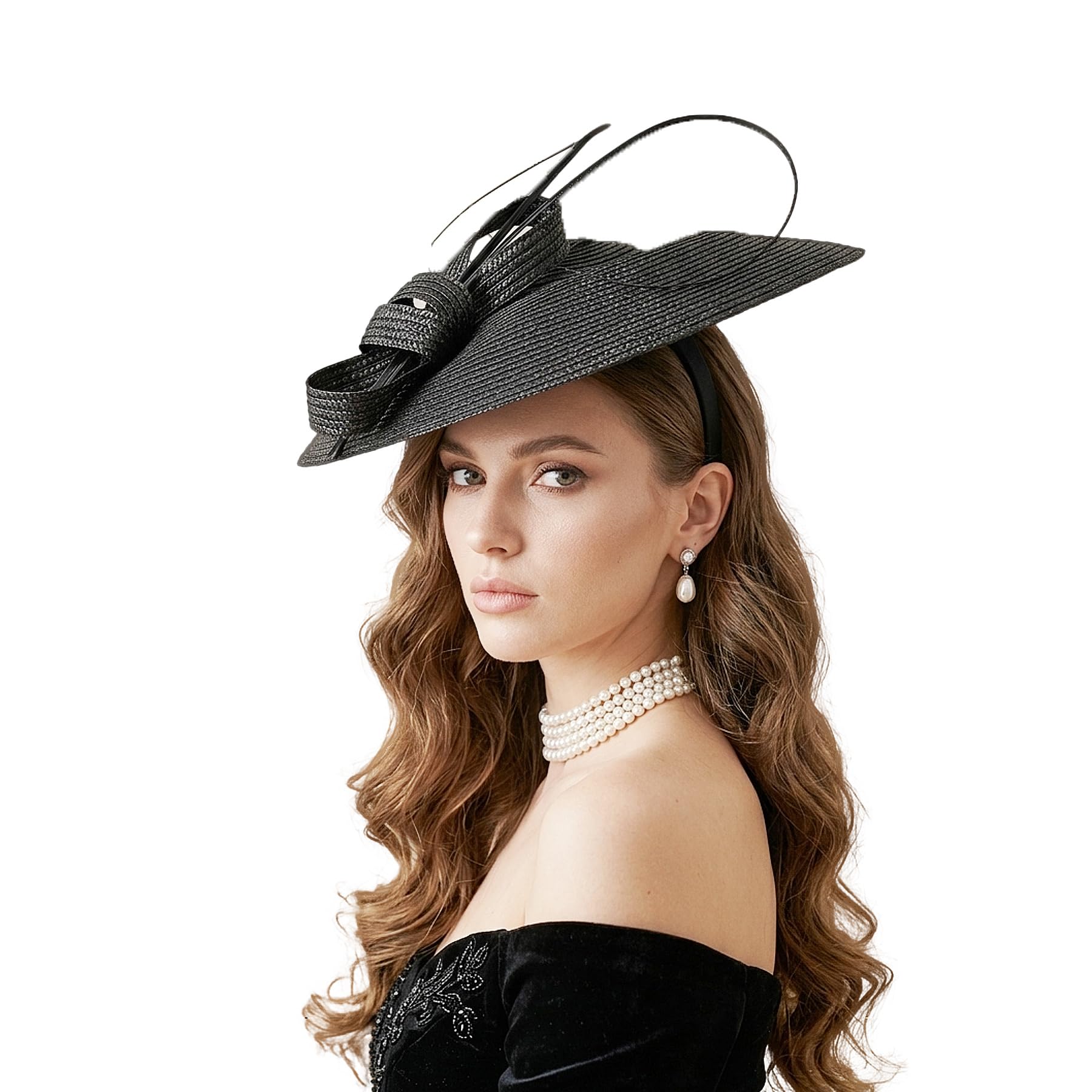 FADVES Fascinators Pillbox Hat Weddings Women Straw Fedora Vintage Sinamay Base Hats, Black Fascinators, L