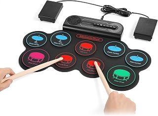 Portable Electronic Drum Set for Kids, 9 Pad Roll Up Drum Kit with 2 Pedals, Speaker & Rechargeable Battery, Musical Gift for Beginners