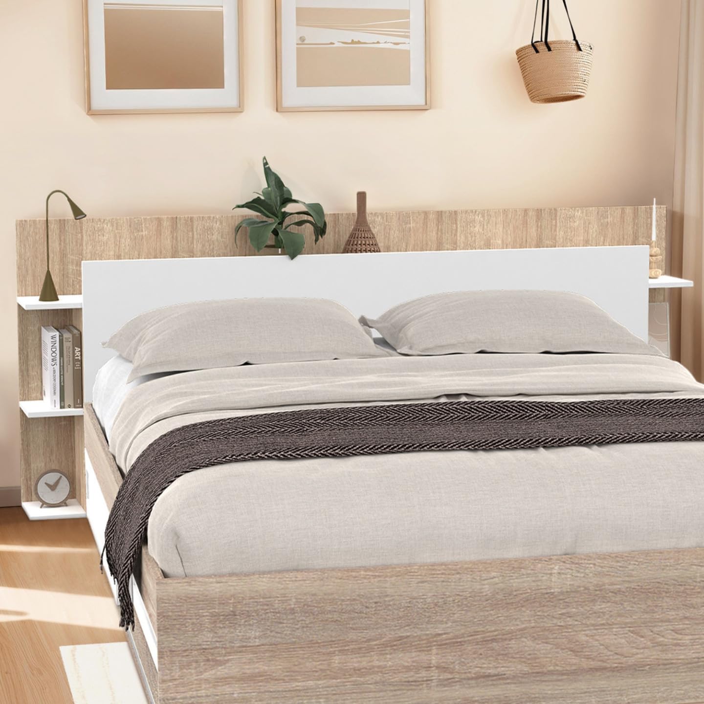 IDMarket - Tête de lit sur Pied CIRI pour lit 140 et 160 cm avec rangements Blanc et Bois