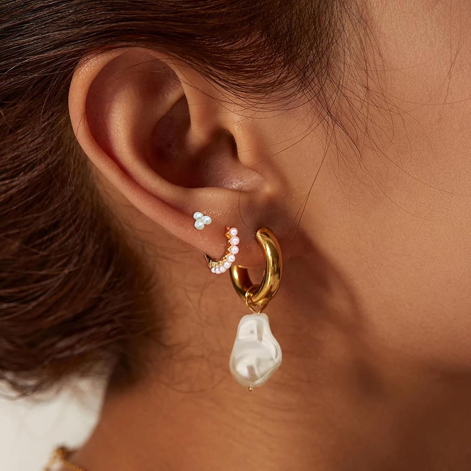3Pairs Pearl Earring Stacks Dainty 14K Gold Plated Earring Sets for Multiple Piercing Huggie Hoop Earrings for Women Trendy Cartilage Stud Earrings for Teen Girls Jewelry - Image 2