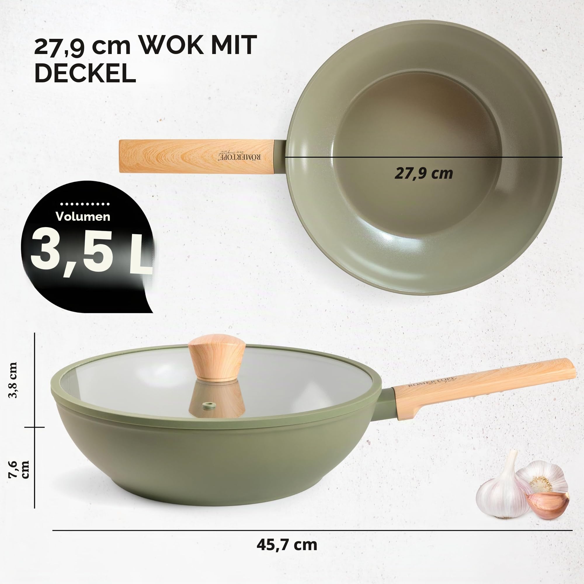 Romertopf Wok 28 cm mit Glasdeckel, 3,52 l Fassungsvermögen, Aluminium mit Keramik Antihaftbeschichtung, für alle Herdarten inklusive Induktion geeignet, grün