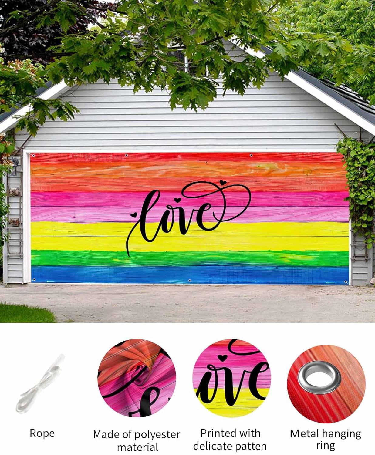 Washable Abstract Garage Door Decorations Reusable Hanging Garage Door Banner Cover Watercolor Rainbow Wood Grain Colorful Garage Backdrop for Indoor Outdoor Decor, 84x192 Inch