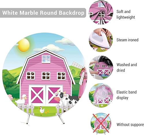 Miniatura 3 de Fondo redondo rosa de 7 x 7 pies para fiesta de animales de granja de dibujos animados de casa rosada granero cubierta redonda para recién nacido,