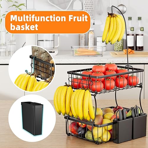 Miniatura 2 de Simple Trending Cesta de frutas de 2 niveles con ganchos para plátano, frutero para encimera de cocina, alambre de metal, organizador de